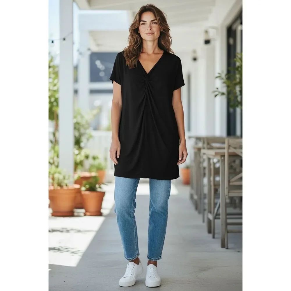 ✨Garnet Hill Front Twist Short Sleeve Tunic Black Sz Large Dress✨